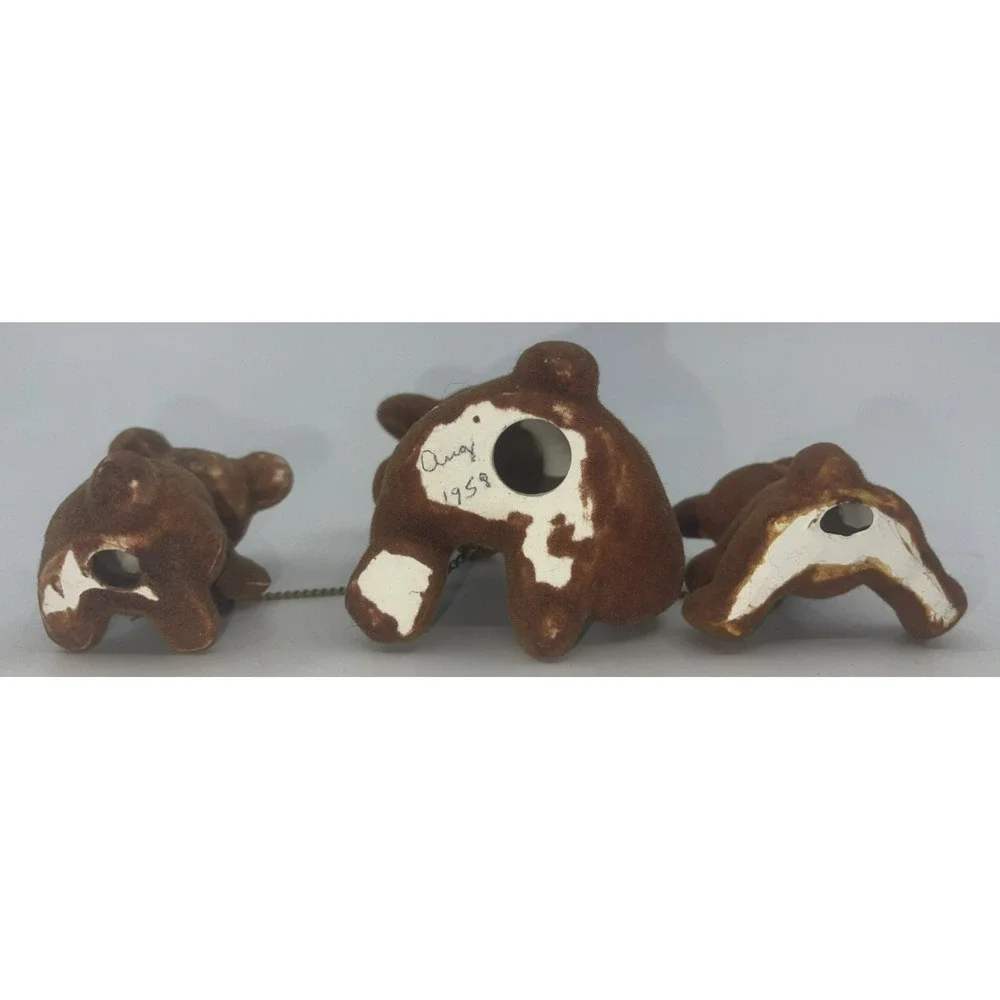 Ceramic Bear Figurines Flocked Brown vintage 1950s Rare‎ MCM Signed 4